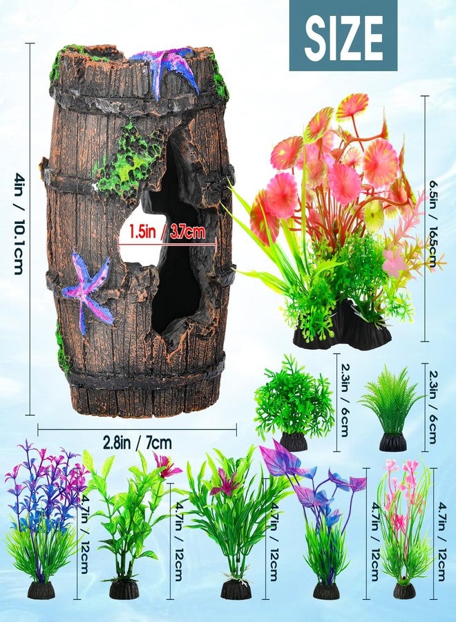 CousDUoBe Fish Broken Barrel Decor Fish Tank Decorations Betta Fish Tank Accessories,Starfish Barrel x 1pc, Aquarium Plants x 8pcs - Image 2